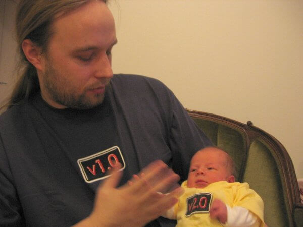 Henrik Ingo v1.0 and younger Ingo v2.0 (Thinkgeek t-shirts)